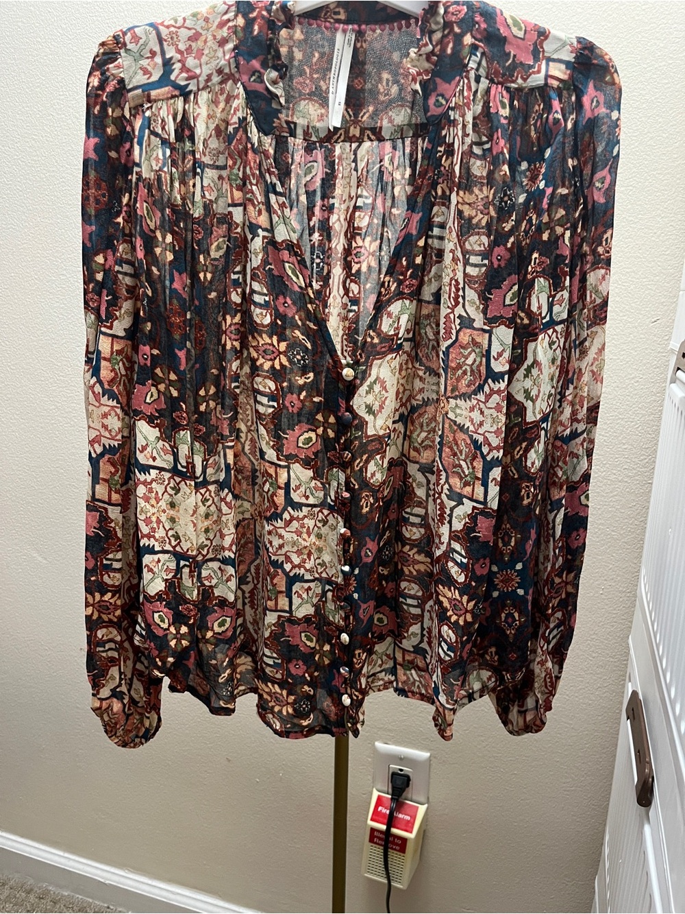 Anthropologie Floral Patchwork Button-Down Blouse in Navy, Cream, Rust
